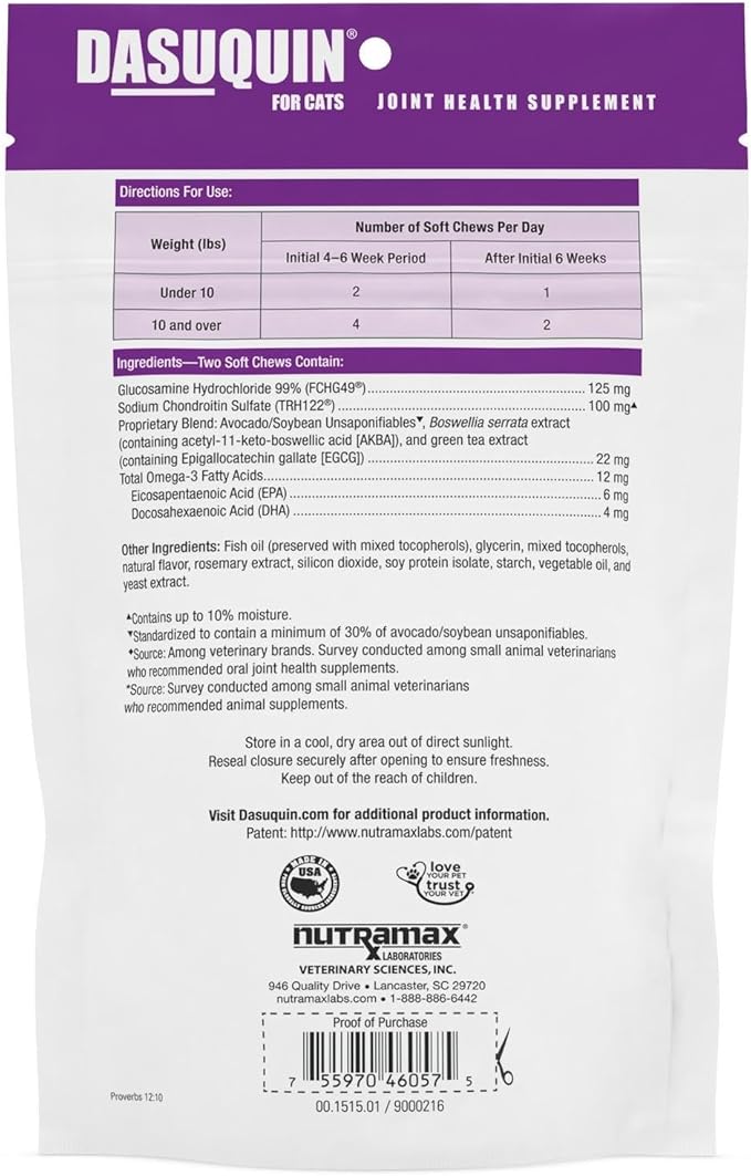 Nutramax Dasuquin Joint Health Supplement for Cats - With Glucosamine, Chondroitin, ASU, Boswellia Serrata Extract, Green Tea Extract, and Omega-3, 84 Soft Chews-Mewly Pet