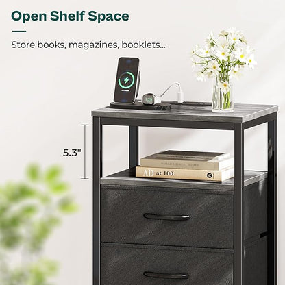Huuger Nightstand with Charging Station, 27.6 Inch End Table Bedside Table with USB Ports and Outlets, Fabric Drawers, Night Stand for Bedroom, Charcoal Gray