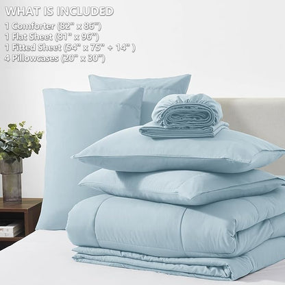 CozyLux Full Size Comforter Sets Light Blue, 7 Pieces Bed in a Bag, Blue Comforter Full Size, All Season Bedding Sets with Stitch Quilted Comforter, Flat Sheet, Fitted Sheet, Pillowcases