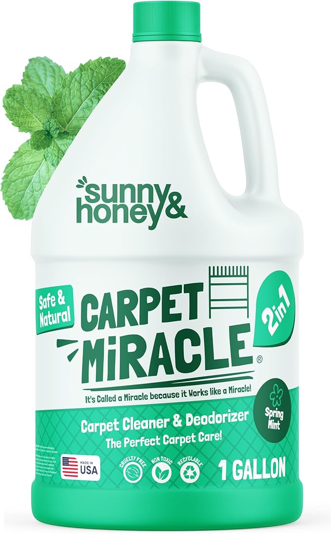 Sunny & Honey Carpet Cleaner Solution - 128 Fl Oz, Spring Mint Scent - Carpet Shampoo & Pet Stain Remover for Upholstery & Rugs, Works With Steam Cleaners-Mewly Pet