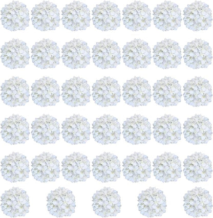 White Hydrangea Artificial Flowers Bulk, 40 Pcs Faux Hydrangea Flowers Heads, Artificial Fake Silk Hydrangea Flowers with Stems, White Flowers Artificial for Decoration Wedding Décor