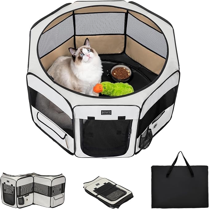 PETSFIT 29" Puppy Playpen with Removable Waterproof Mat & Zippered Roof | RV, Camping, Travel Dog Pen | Indoor/Outdoor Whelping & Cat Observation Space(29.5"x29.5"x16.5"H)-Mewly Pet