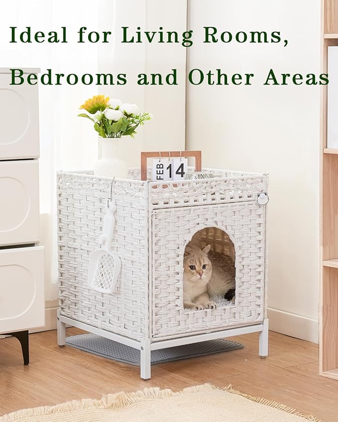 Cat Litter Box Enclosure Hidden Litter Box Furniture with Metal Heightened Feet, Rattan Handwoven Cat House with Litter Mat, Hidden Litter Box Furniture for Bedroom Living Room White-Mewly Pet