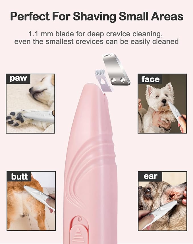 LEYOUFU Dog Paw Trimmer for Grooming, Cordless Electric Small Pet Grooming Clippers Hair Trimmer for Dogs Cats, Low Noise for Trimming Pet's Hair Around Paws, Eyes, Ears, Face, Rump (Pink)-Mewly Pet