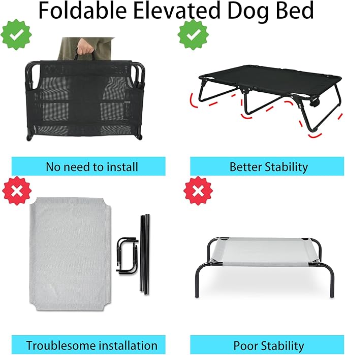 Outdoor Elevated Dog Bed Cooling Raised Dog Cots Black Pet Beds with Breathable Mesh Folding Large Pet Hammock Bed Multiple Sizes for Small Meduim Large Dogs