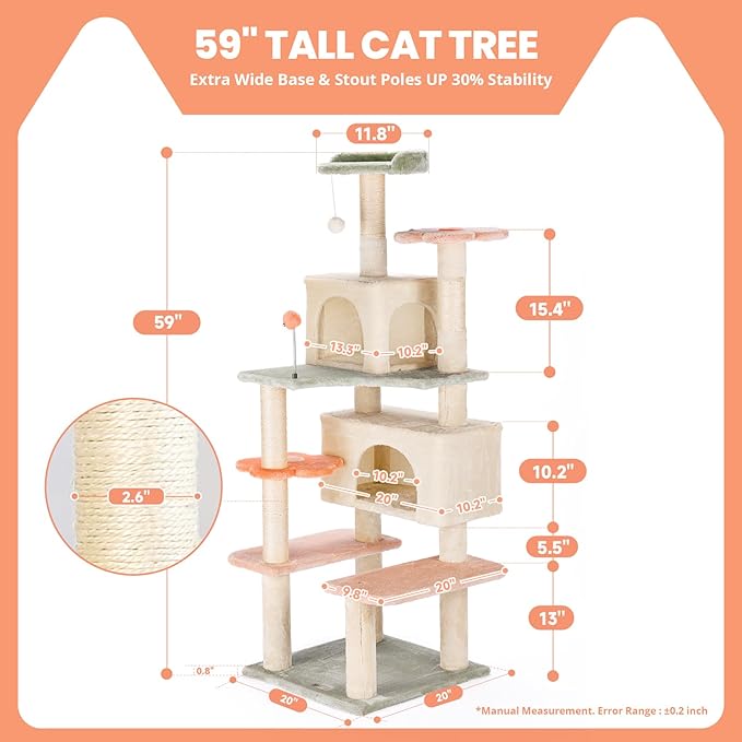 HYABi 59 Inch Flower Cat Tree Tower - Multi-Level Cat Condo with Plush Scratching Posts, Toy Balls, and Pet House, Indoor Play Platform for Large Adult Cats, Stylish Color Design-Mewly Pet
