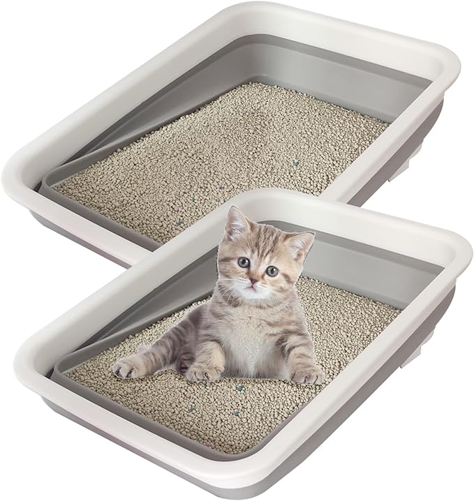 2 Pack Collapsible Small Cat Litter Box, Open Kitten Litter Potty Pan Low Entry Pet Kitty Toilet Foldable Waterproof Travel Toilet for Sick Frail Kitty 14.6 x 10.6 x 4.8 inches Grey-Mewly Pet
