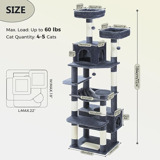 PAWZ Road Large Cat Tree, 72 Inches Cat Tower for Large Cats, Cat Condo with Sisal-Covered Scratching Posts and Pads, 2 Padded Perch, Dual Condo and Basket for Indoor Cats-Dark Gray-Mewly Pet