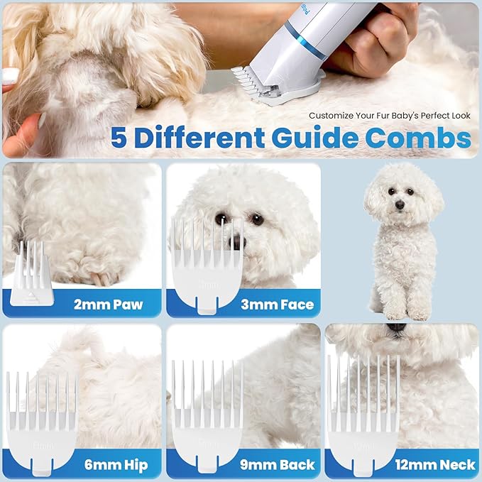 3-in-1 Dog & Cat Grooming Kit - Rechargeable Cordless Pet Hair Clippers with Nail Grinder & Paw Trimmer & 5 Guide Combs, Low Noise Dog Clippers for Grooming Small Medium Pets-Mewly Pet