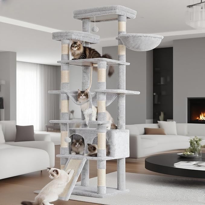 Heybly Tall Cat Tree, 78-inch Multi-Level Cat Tower for Indoor Cats, 2 Widened Plush Perches Cat Condo with Scratching Board and Big Caves, Light Gray HCT033W-Mewly Pet
