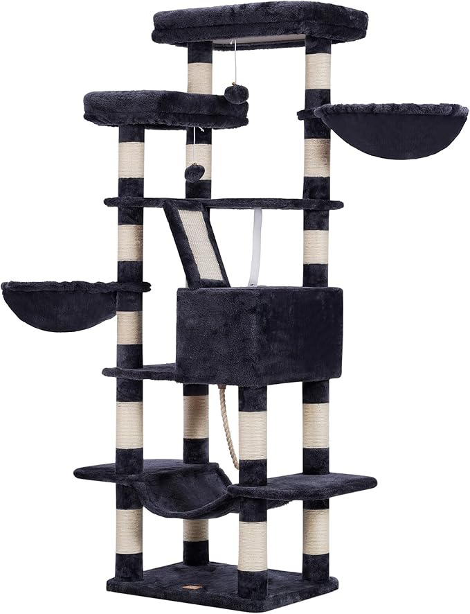Heybly Cat Tree, 68 inch Multi-Level Cat Tower for Indoor Cats, 2 Widened Plush Perches Cat Condo with Scratching Board and Big Caves, Smoky Gray HCT025G-Mewly Pet