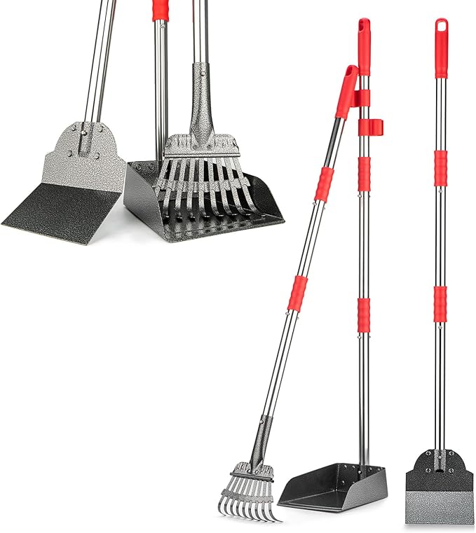 Pooper Scooper, Long Handle Dog Pooper Scooper, Heavy Duty Stainless Steel Rake with Tray & Spade Set for Pet Waste Removal, for Grass, Dirt or Gravel-Mewly Pet