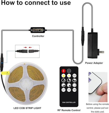 COB LED Strip Light Warm White, High Bright LED Strips with 2400LEDs, RF Remote and UL Power Supply, 3000K Dimmable LED Lights for Bedroom, Kitchen, DIY Home Decoration