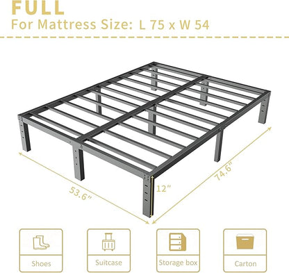 ALDRICH 12 Inch Metal Full Size Bed Frame - Double Black Basic Steel Slats Platform, Easy Assembly Heavy Duty Noise Free Bedframes, No Box Spring Needed