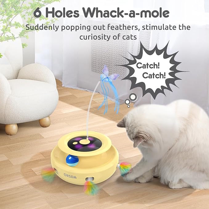ORSDA Cat Toy, 3-in-1 Automatic Interactive Electronic Moving Ambush Feather, Fluttering Butterfly, Track Balls, USB Rechargeable Powered Smart Indoor Exercise Kicker-Mewly Pet