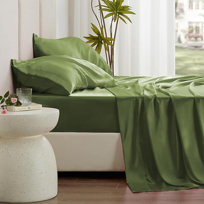 Love's cabin Twin Satin Sheets Sets - 3 Piece Sage Silky Bed Sheets with Deep Pockets, Luxury Silk Feel Satin Twin Size Sheet Set Bedding Set (1 Flat Sheet,1 Fitted Sheet,1 Pillow case)