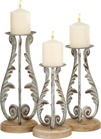 Deco 79 Metal Solid Candle Holder, Set of 3 14", 12", 10"H, Silver