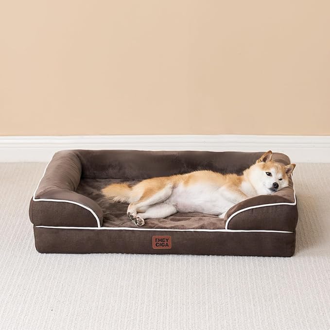 EHEYCIGA Orthopedic Dog Beds for Extra Large Dogs, Waterproof Memory Foam XXL Dog Bed with Sides, Non-Slip Bottom and Egg-Crate Foam Big Pet Couch Bed with Washable Removable Cover, Brown-Mewly Pet