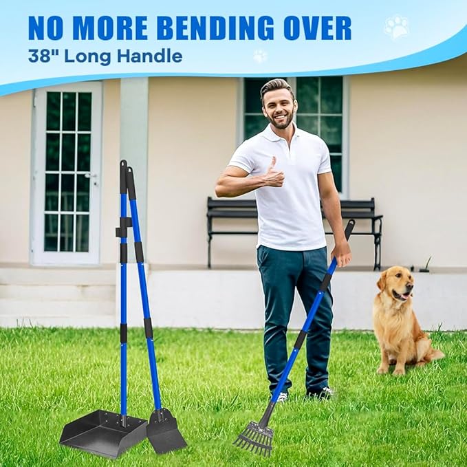 Larger Pooper Scooper Dog Pooper Scooper for Large Medium Small Dogs Heavy Duty Stainless Steel No Bending with Rake & Shovel & Extra Large Tray for Yard-Mewly Pet