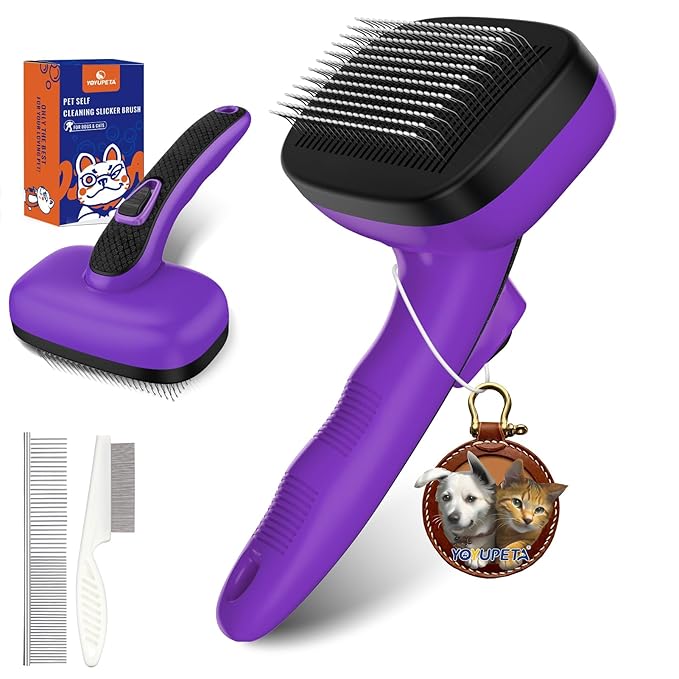 3 PCS Dog Grooming Brush Kit – Self Cleaning Slicker Brush for Shedding Short & Long Haired Dogs & Cats. Removes Loose Fur, Undercoat, Mats, Tangles for Small, Medium & Large Pets. Purple-Mewly Pet