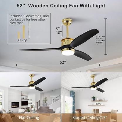BOJUE 52 Inch Black Gold Ceiling Fans with Lights and Remote, Reversible Quite DC Motor,6 Speeds with Memory Program,Modern Farmhouse Wood Ceiling Fan with Light for Living Room Patio
