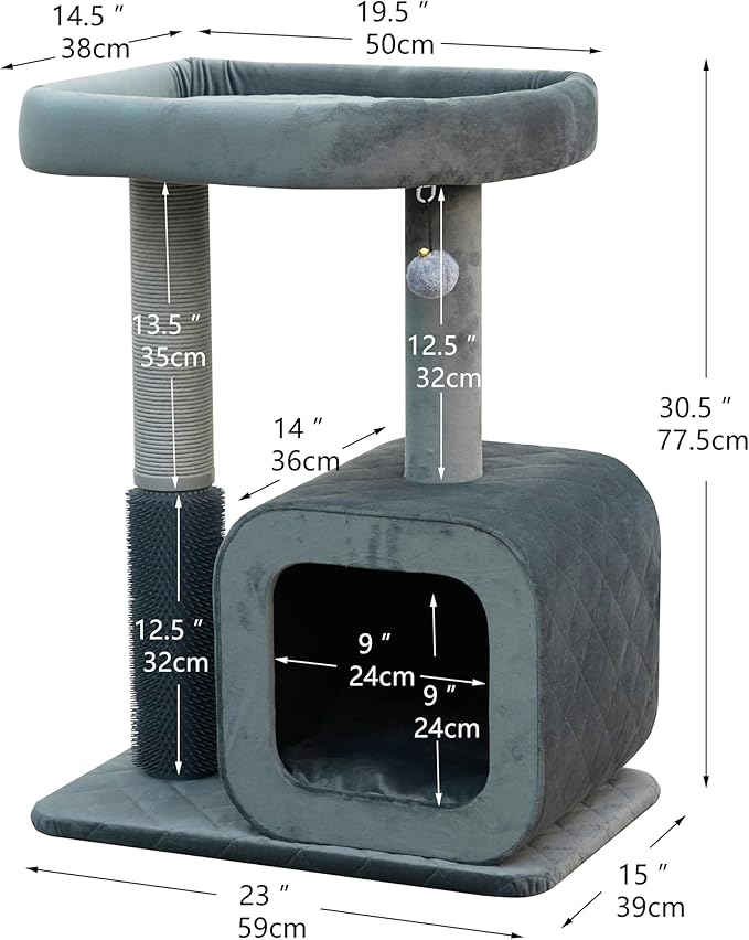 Catry 30" High 3 Level Modern Cat Tree with Large Base Condo,Removable Washable Top Bed, Recycled Paper Scratching Post, Self Grooming Brush, for Small Medium Cat(Dim Gray)-Mewly Pet