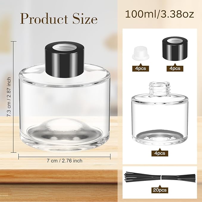 Chunful 4 Sets Reed Diffuser Bottle Empty Refillable Fragrance Glass Diffuser Bottles 100ml Round Glass Jars with Black Caps and Rattan Sticks for Living Room Home Replacement Fragrance DIY Decor
