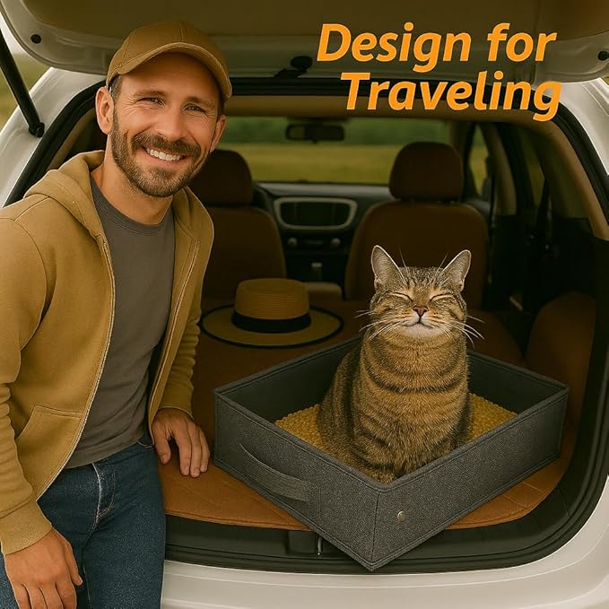 Portable Travel Litter Box for Cats, Small Foldable Travel Cat Litter Box with Zipped Lid, No Smell, Waterproof, Leak-Proof, for Car Hotel and Outdoor, Grey-Mewly Pet