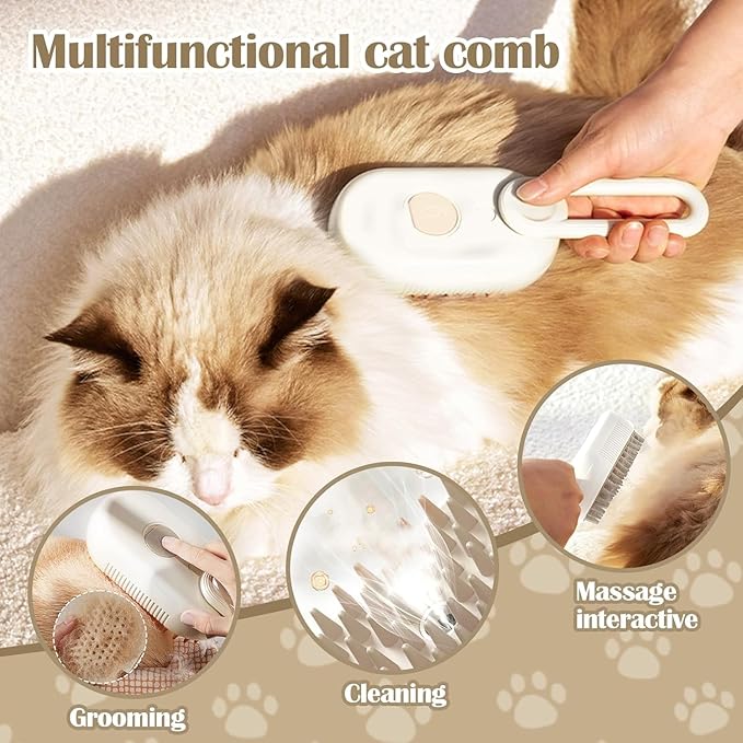 Cat Steam Brush - 5 In1 Grooming Kit for Cats and Dogs Silicone Massage Tool - Stainless Steel Nail Scissors - Hair Detangling Comb - Water Spray Rechargeable Shedding Wash-Free Essence (White)-Mewly Pet
