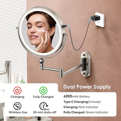 9" Wall Mounted Lighted Makeup Mirror,4000mAh Rechargeable Double Sided 1X/20X Magnifying Mirror with Light,Touch Dimmable,Extended Arm 360 Rotation Wall Mounted Makeup Mirror 3 Color Lights-N