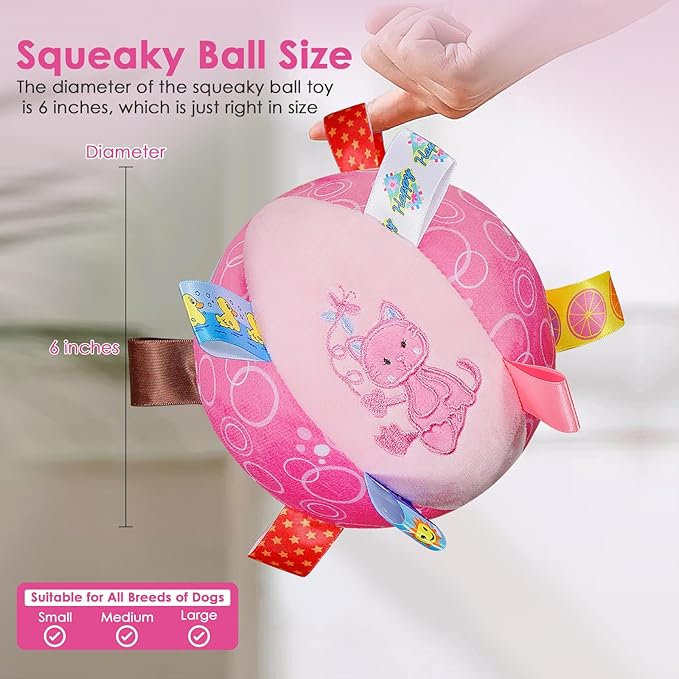 Dog Squeaky Plush Toy with Straps, 6-Inch Soft Stuffed Ball with Cotton Material and Bell Built-in, Pet Interactive Fetch Toy for Small to Large Dog-Mewly Pet