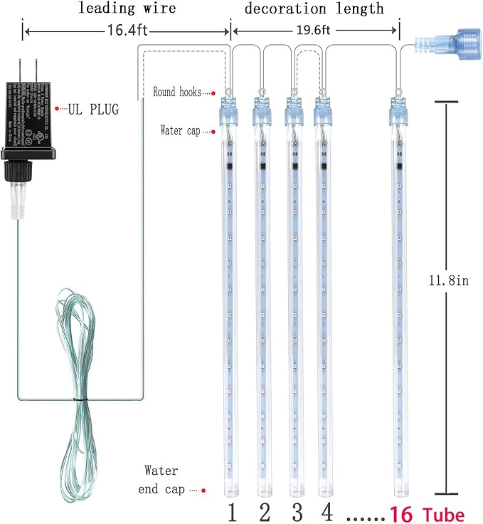 Kwaiffeo Halloween Yard Decorations: 16-Tube Meteor Shower Lights for Front Yard Halloween Fall Outdoor Decor, Equivalent to 2 Sets of 8-Tube, UL Plug