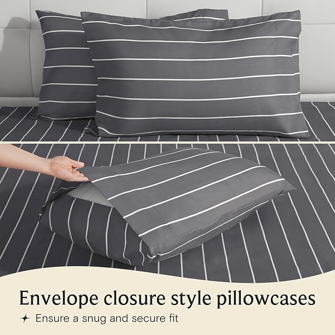 LuxClub 4 PC King Size Sheet Set Bed Sheets, Breathable Luxury Deep Pockets Wrinkle Free Cooling Sheets Machine Washable Hotel Bedding (King, Striped Light Grey)