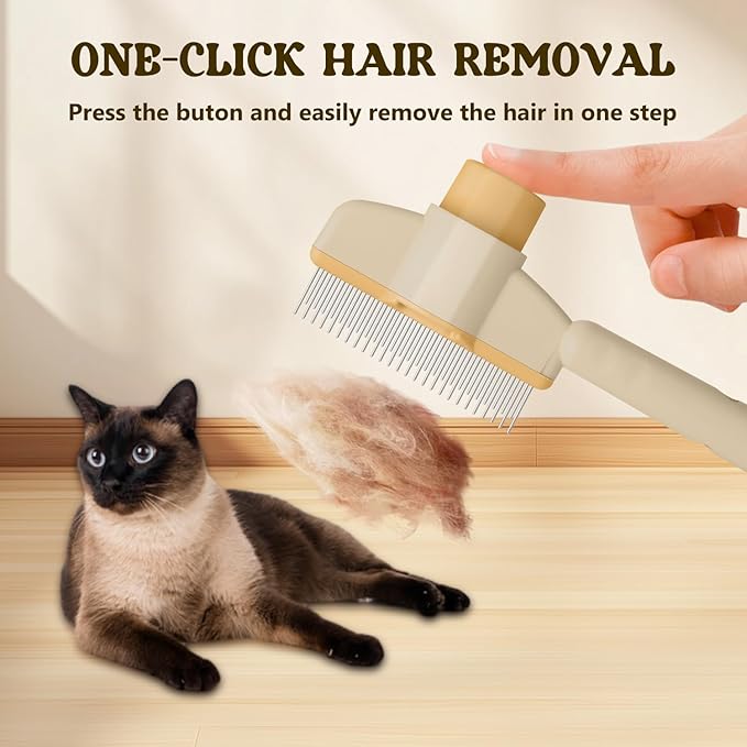 Pet Hair Removal Comb Flea Comb, 2025 New Cat Grooming Brush with Release Button, De-Shedding Cat Brush for Short and Long Hair Cats (Yellow+Green)-Mewly Pet