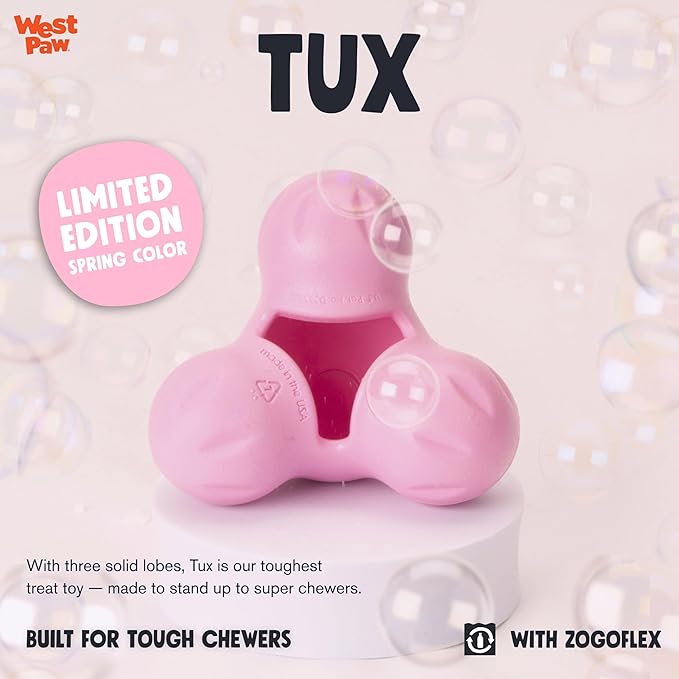 WEST PAW Zogoflex Tux Treat Dispensing Dog Chew Toy – Interactive Chewing Toy for Dogs – Dog Games for Aggressive Chewers, Fetch, Catch – Holds Kibble, Treats, Small 4", Bubblegum-Mewly Pet
