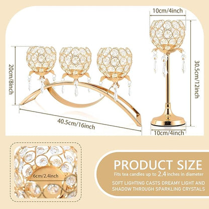 Set of 3 Gold Crystal Tea Light Candlestick Holders Flower Shape with Crystal Pendant Bowl Votive Metal Candle Holder for Table Centerpieces Wedding Home Decor (Set of 3, Gold)