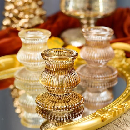 WDHODEC Glass Candlestick Holders 12PCS Taper Candle Holders for Table Centerpiece Vintage Colorful Candle Sticks for Wedding, Party and Birthday Table Decoration(Brown)