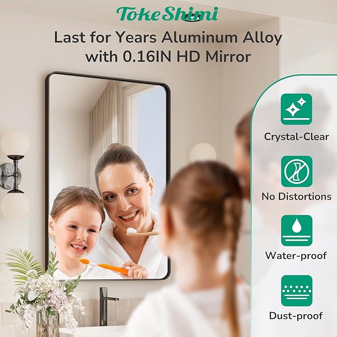 TokeShimi 72x36 Black Bathroom Mirror,Tempered Glass,Bathroom Wall Mirror with Seamless Aluminum Frame,Modern Bathroom Vanity Mirror Shatterproof(Horizontal/Vertical)