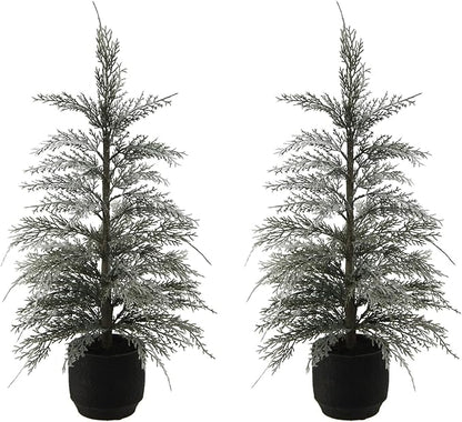 CG Hunter Holiday Collection, Set-of-2 Faux Flocked Cedar Trees, Premium Artificial Indoor & Outdoor Cedar Tree Stands 24" Tall in Pot–Perfect Christmas Decoration