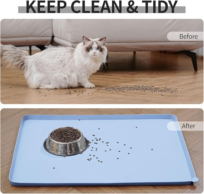 Waterproof Pet Feeding Mat with High Raised Edges, Heavier and Thicker Placemats for Cat Dog Water Bowl with BPA Free, Dogs Cats Food Mats for Messy Drinkers to Prevent Spill and Protect Floors-Mewly Pet