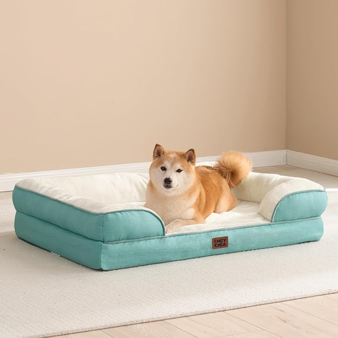 EHEYCIGA Orthopedic Dog Beds for Large Dogs, Waterproof Memory Foam Large Dog Bed with Sides, Non-Slip Bottom and Egg-Crate Foam Pet Couch Bed with Washable Removable Cover, Turquoise Blue-Mewly Pet
