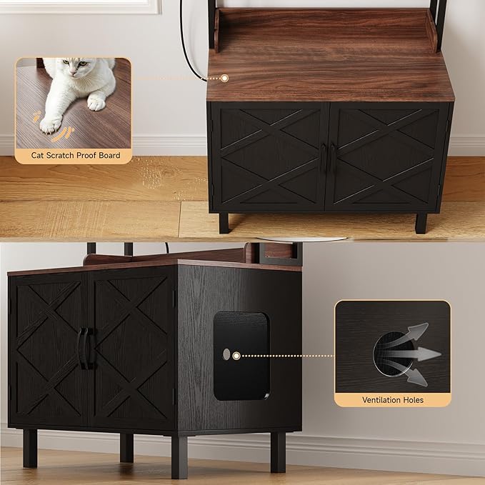 55 Inches Cat Litter Box Enclosure, Hidden Litter Box Furniture with 2 Storage Shelves and Charging Sockets, Wooden Cat House, Large Indoor Cabinet for Living Room & Entryway, Black-Mewly Pet