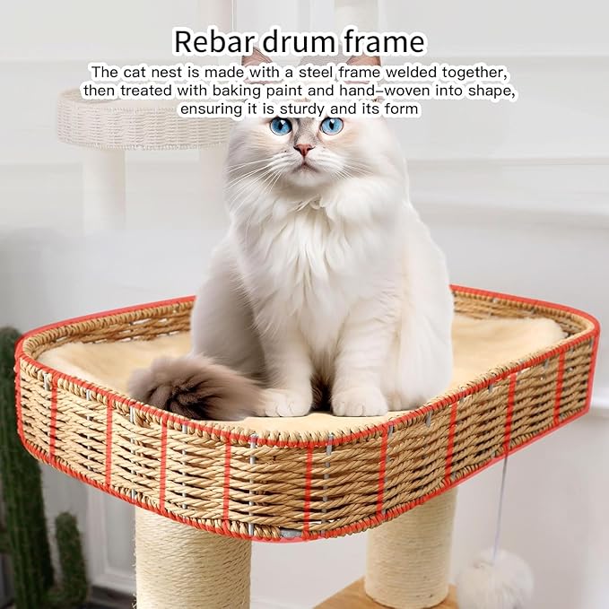 34 Inch Solid Wood Cat Tree Tower with Space Capsule, Hand-Woven Basket Nest, Feather Toy, Hanging Balls, Sisal Posts, 4-Tier Indoor Climbing Cat Tower for Kittens-Mewly Pet