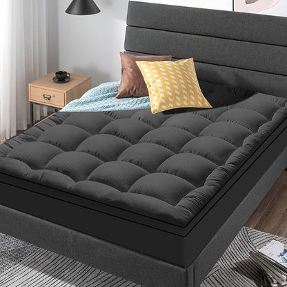Full Size Mattress Topper for Back Pain, Cooling Extra Thick Mattress Pad Cover with 8-21 inch Deep Pocket, Plush Pillow Top Mattress Topper Overfilled with Down Alternative, Full Size, Black