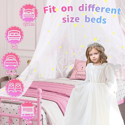 South to East Bed Canopy for Girls with Glowing Stars, Princess Canopy Bed Curtains for Kids, Starry Net Canopy for Girls Room Decor, Kids Bed Canopy for Single, Twin, Full, Queen Size Bed