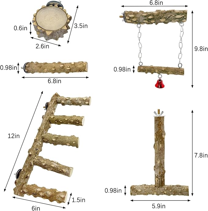 BNOSDM Natural Wood Bird Ladder Perch 6Pcs Parrot Stand Branches Climbing Chewing Stick Parakeet Swing Toys Cage Accessories Paw Grinding Fork Sets for Lovebirds Cockatiels Conure Budgies-Mewly Pet