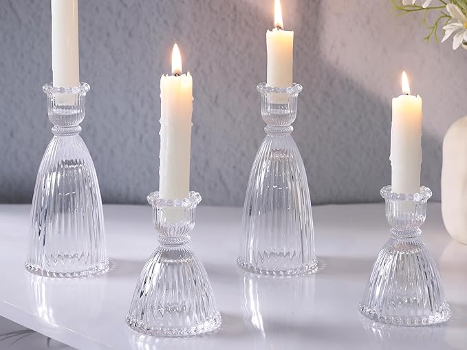 6 Pcs Clear Glass Candlestick Holders (3.5"/6", Assorted)- Tall Taper Candle Holders with Vintage Design, Candle Stick Holders in Bulk for Party Decorations, Glass Candle Holder for Tapered Candles