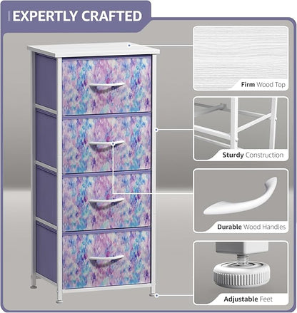 Sorbus Dresser Storage Tower, Organizer Drawers For Closet Boys & Girls Bedroom Bedside Furniture, Chest for Home, College Dorm, Steel Frame, Wood Top, Tie-dye Fabric Bins (4-Drawer, Blue/Pink/Purple)