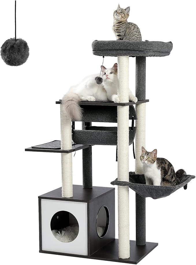 PEQULTI 51.4 Inches Modern Cat Tree Premium 6 Levels Wooden Cat Tower with Fully Sisal Covered Scratching Posts, Cozy Condo, Spacious Perch, Super Large Hammock and Swing Tunnel for Indoor Cats Gray-Mewly Pet