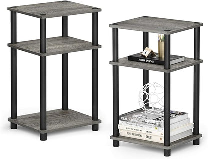 Furinno Just 3-Tier Turn-N-Tube End Table / Side Table / Night Stand / Bedside Table with Plastic Poles, 2-Pack, French Oak Grey/Black